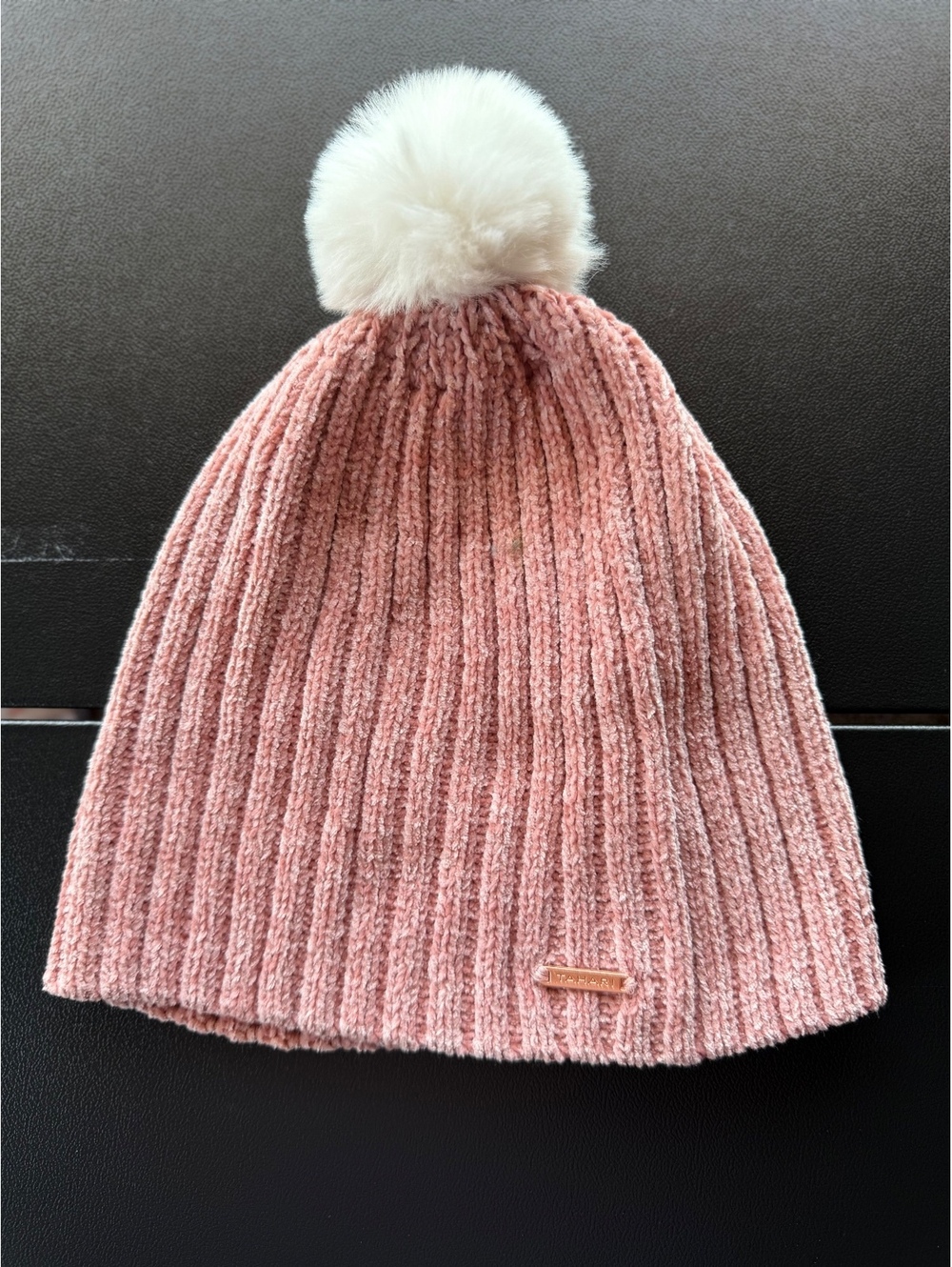 Tahari Girls Pink Chenille Knit Beanie White Pom Pom Toddler Kids Winter Hat